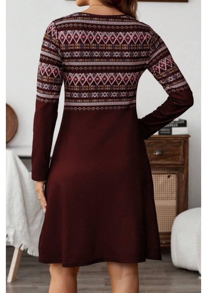 Etnik Desenli Uzun Kollu Şardonlu Dalgıç Elbise - Bordo fiyatları