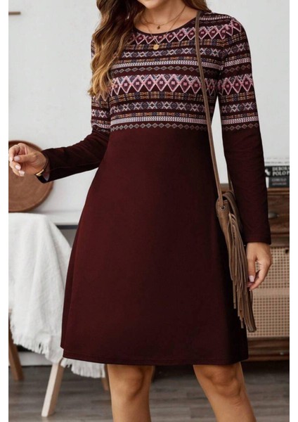 Etnik Desenli Uzun Kollu Şardonlu Dalgıç Elbise - Bordo modelleri