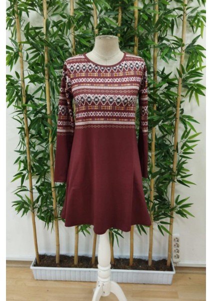 Etnik Desenli Uzun Kollu Şardonlu Dalgıç Elbise - Bordo fırsatları