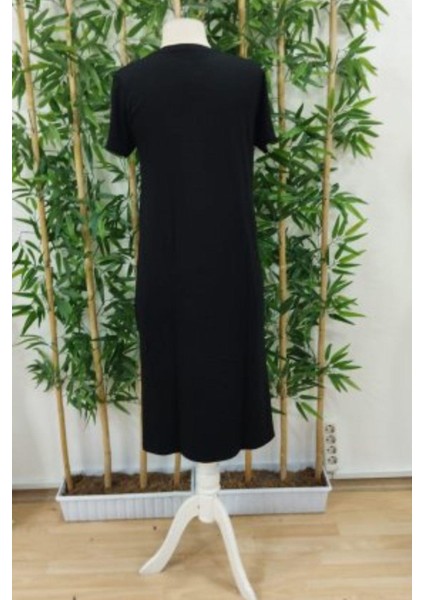 Yırtmaç Detaylı Rahat Kesim Viskon Elbise Siyah modelleri