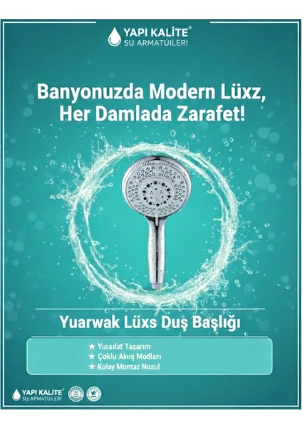 Grande 5 Fonksiyonlu Banyo El Duş Başlığı Su Tasarruflu Masaj Etkili El Duşu Banyo Duş Başlığı Krom Paslanmaz Tepe Duşu