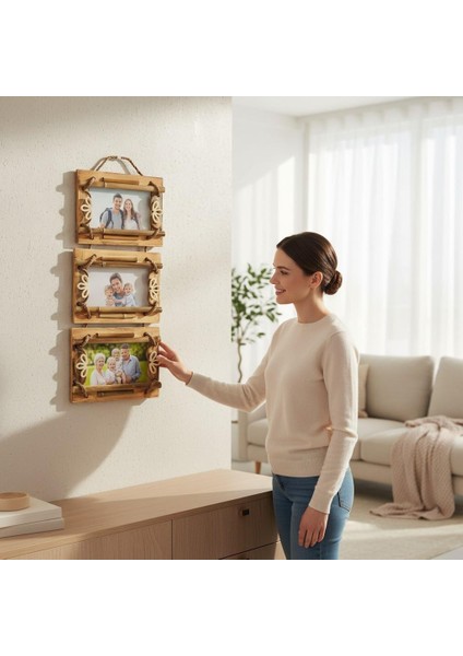 El Yapımı Doğal Ahşap 3’lü Bambu Bamboo Fotoğraf Çerçevesi Dekoratif Ev Ofis Hediyesi Duvar Süsü - 4 modelleri