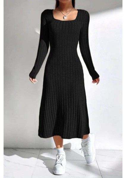 A Kesim Uzun Kollu Midi Boy Kaşkorse Elbise - Siyah