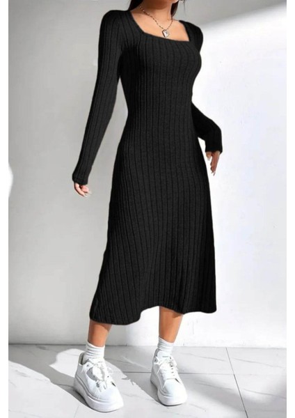 A Kesim Uzun Kollu Midi Boy Kaşkorse Elbise - Siyah fiyatları