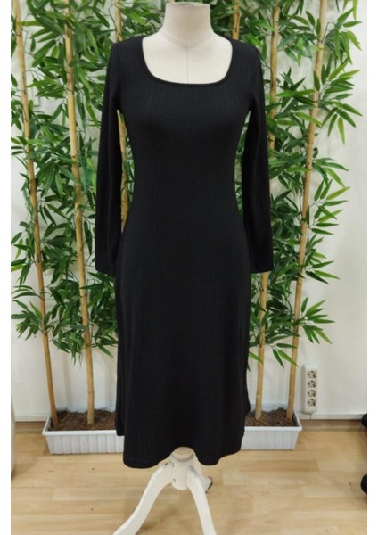 A Kesim Uzun Kollu Midi Boy Kaşkorse Elbise - Siyah fırsatları