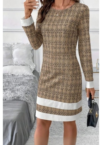 Yuvarlak Yaka Şerit Detaylı Mini Dokuma Elbise - Bej