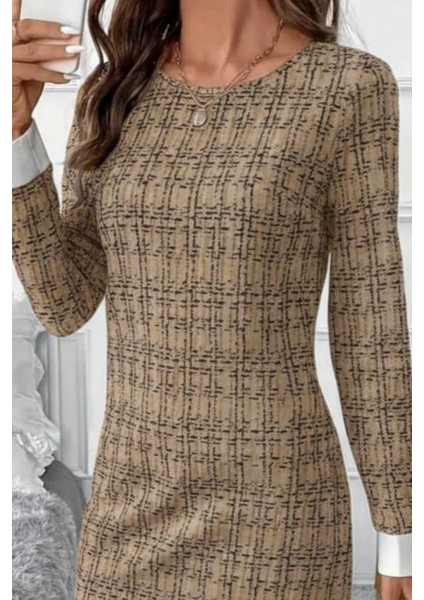 Yuvarlak Yaka Şerit Detaylı Mini Dokuma Elbise - Bej fiyatları