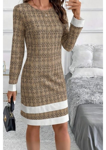 Yuvarlak Yaka Şerit Detaylı Mini Dokuma Elbise - Bej fırsatları