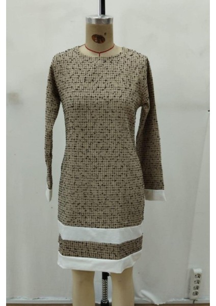 Yuvarlak Yaka Şerit Detaylı Mini Dokuma Elbise - Bej indirimleri