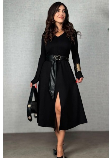 Uzun Kollu V Yaka Kemerli Midi Viskon Iki Iplik Elbise - Siyah