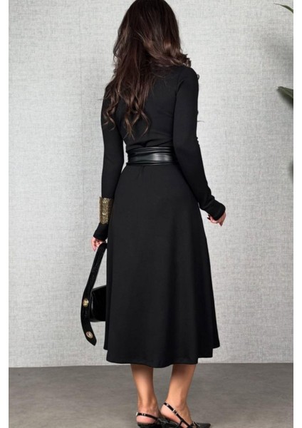 Uzun Kollu V Yaka Kemerli Midi Viskon Iki Iplik Elbise - Siyah fiyatları