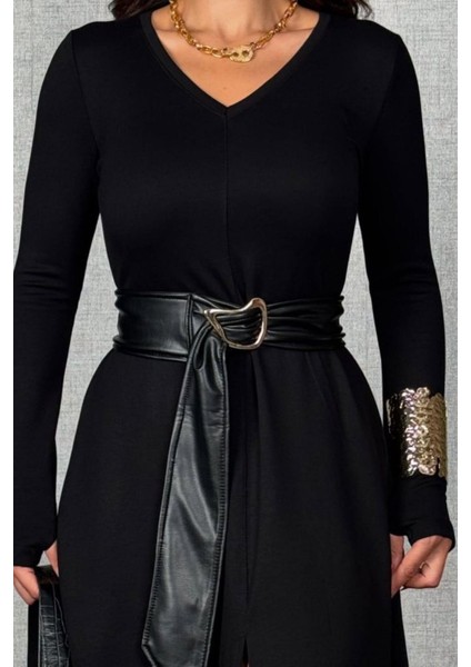Uzun Kollu V Yaka Kemerli Midi Viskon Iki Iplik Elbise - Siyah modelleri