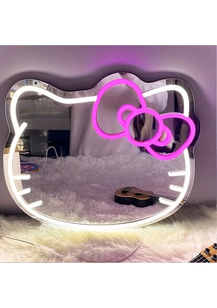 Ktty Kedi Desen Neon Işıklı Dekoratif Ayna
