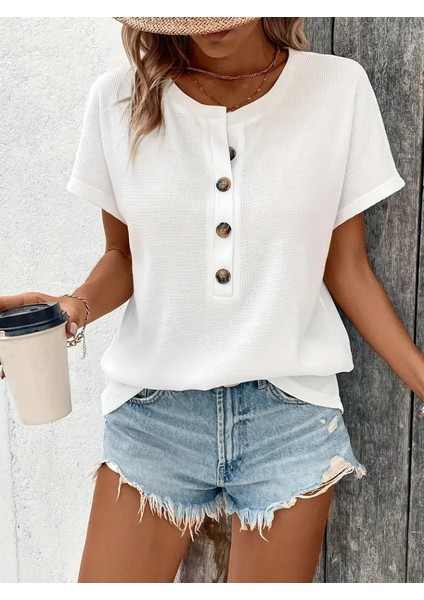 Kadın Kısa Kollu Yakası Açık Önden Düğmeli Waffle Bluz