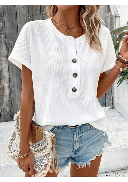 Kadın Kısa Kollu Yakası Açık Önden Düğmeli Waffle Bluz fiyatları