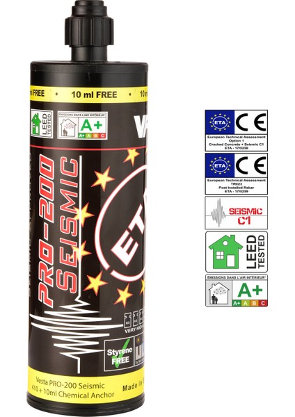 PRO-200 Seismic Kimyasal Dübel 410 ml Eta Onaylı Seismik C1 Styrene Free Beton Ankraj