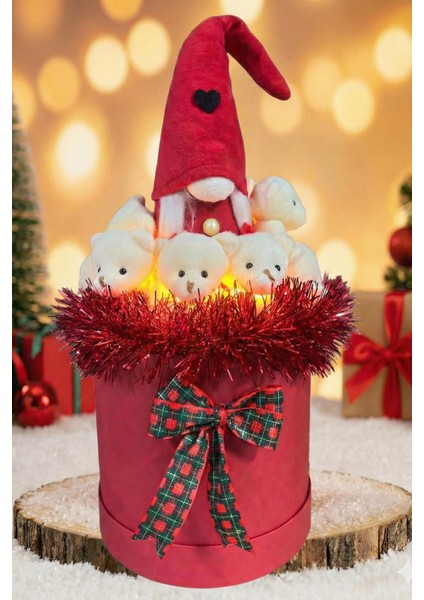 Deluxe 360° Dolu 14 Ayısıyla, Noel Elf Cüce Figürlü Çift LED Işıklı, Özel Konsept Noel Ayıcık Buketi