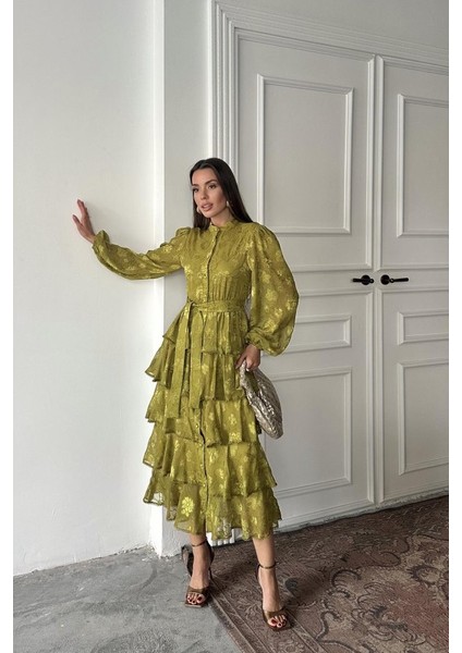 Yağ Yeşili Valonlu Şeritli Kat Kat Elbise fiyatları