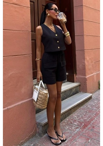 Mini Yelekli Şortlu Keten Takım 10176-08 fırsatları