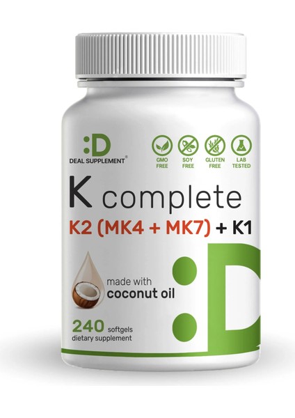 Premium K Complete - High Potency Vitamin K1, K2 Mk-7 & Mk-4 Complex, 240 Coconut Oil Infused Softgels