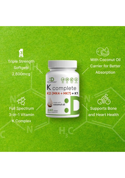 Premium K Complete - High Potency Vitamin K1, K2 Mk-7 & Mk-4 Complex, 240 Coconut Oil Infused Softgels modelleri