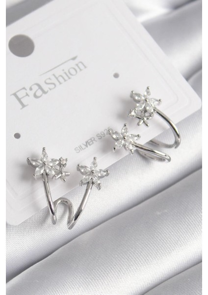 Pirinç Gümüş Renk Zirkon Taşlı Çiçek Model Kadın Küpe - TJ-BKP9746