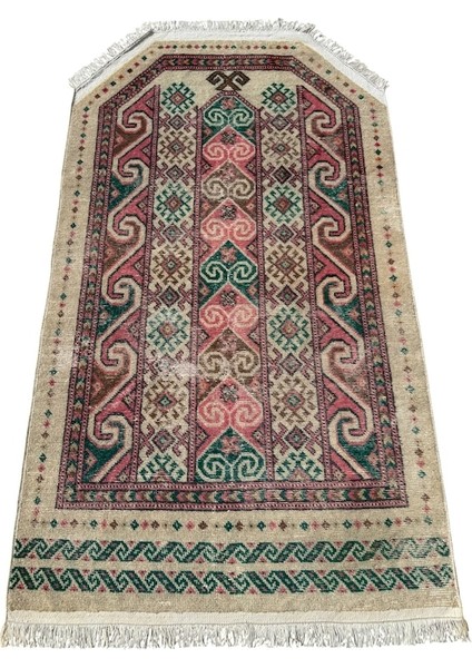El Dokuma Vintage Eskitme Afgan Seccade 85X150 Renkli Yün Namazlık Çok Renkli