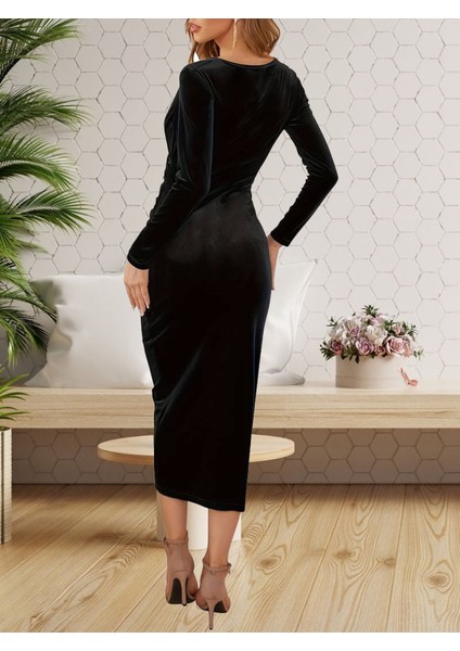 Kadın Uzun Kollu Kruvaze Yaka Belden Büzgü Detay Midi Kadife Elbise modelleri