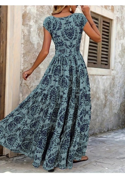 Kadın Kısa Kollu Kruvaze Yaka Beli Lastikli Süprem Maksi Boy Elbise fırsatları