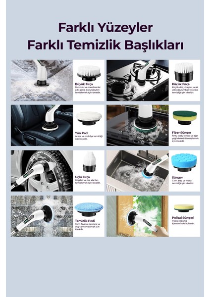 8 Başlıklı Şarjlı Dijital Temizlik Fırçası