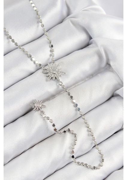 Pirinç Zirkon Taşlı Ezme Zincirli Kutup Yıldızı Model Gümüş Renk Y Kolye - TJ-BKO10468