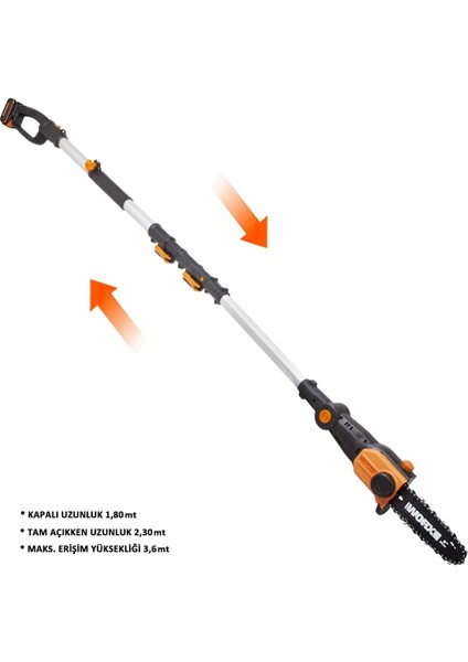 WG349E 20VOLT 2.0AH Li-Ion Tek Akülü 20CM Profesyonel Teleskobik Saplı Açı Ayarlı Zincirli Dal fiyatları