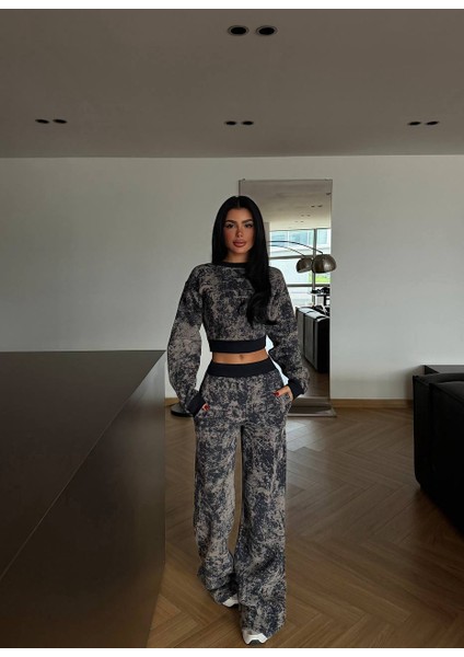 Premium Abstract Fit Crop & Wide Leg Ikili Takım – Gri Siyah Couture