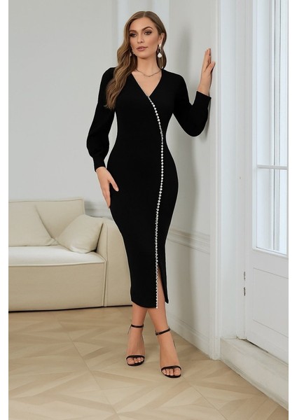 Kadın Uzun Kollu V Yakalı Yırtmaçlı Taşlı Uzun Ithal Krep Elbise fiyatları