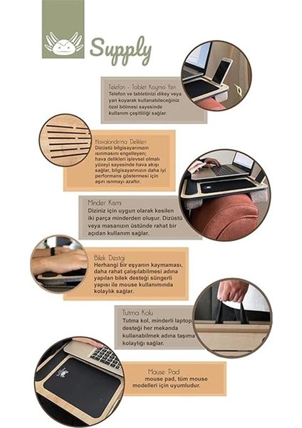 Supply Telefon ve Tablet Bölmeli Minderli Laptop Sehpası Notebook Bilgisayar Çalışma Masası