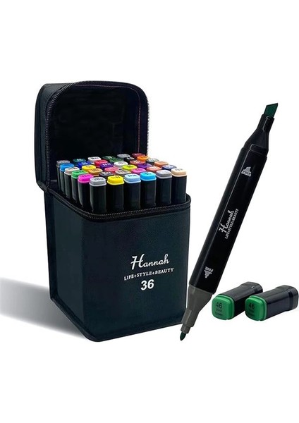 36 Adet Rengarenk Kalemden Oluşan Siyah Çantalı Çift Taraflı Marker Seti Standlı