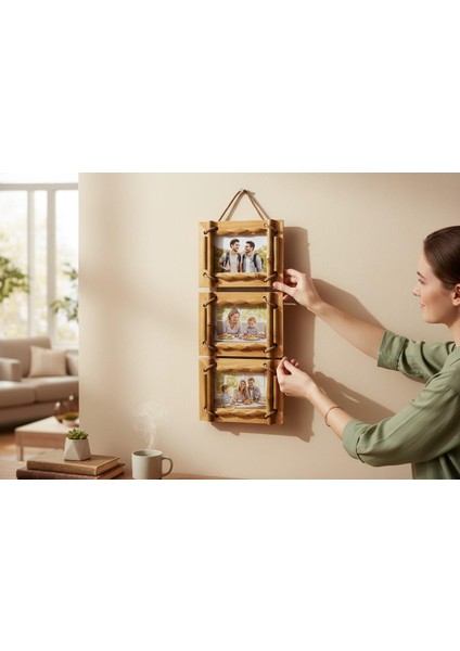 El Yapımı Doğal Ahşap 3’lü Bambu Bamboo Fotoğraf Çerçevesi Dekoratif Ev Ofis Hediyesi Duvar Süsü - 6 fiyatları