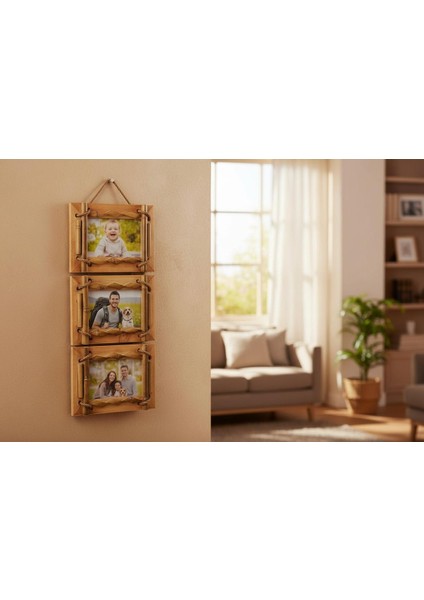 El Yapımı Doğal Ahşap 3’lü Bambu Bamboo Fotoğraf Çerçevesi Dekoratif Ev Ofis Hediyesi Duvar Süsü - 6 modelleri