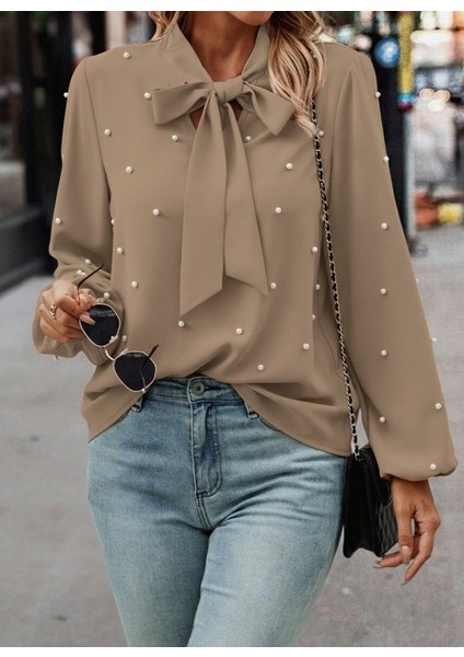 Kadın Uzun Kollu Yakadan Fiyonklu Incili Ithal Krep Bluz fiyatları