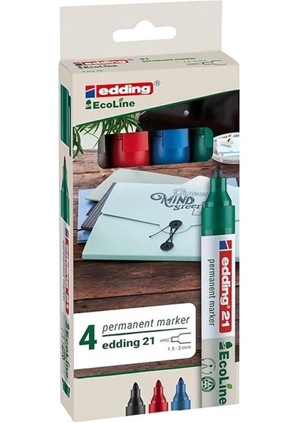 21 Ecoline Permanent Markör, 4'lü Set, Karışık Renkler, Yuvarlak Uç, Yeniden Doldurulabilir