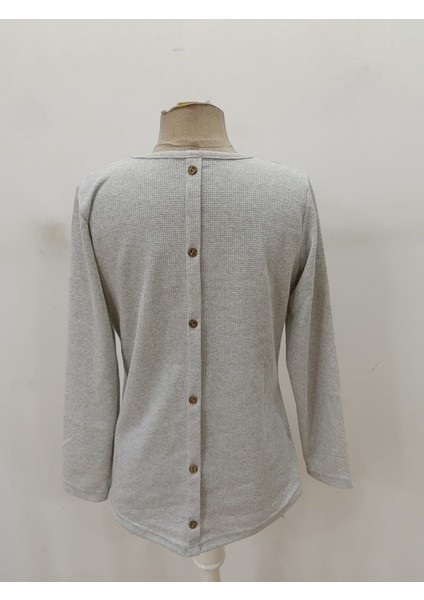 Kadın Uzun Kollu Yuvarlak Yaka Arkadan Düğmeli Waffle Bluz fırsatları