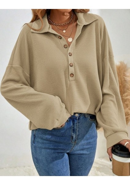 Kadın Uzun Kollu Yakalı Düğmeli Salaş Waffle Bluz modelleri