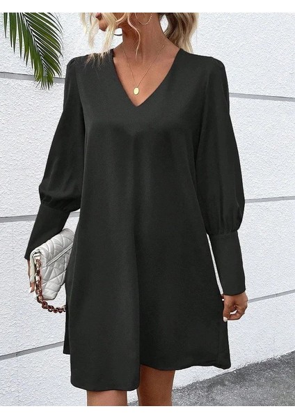 Kadın Uzun Kollu V Yakalı Kısa Ithal Krep Elbise fiyatları