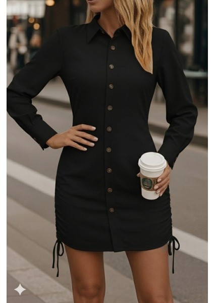 Kadın Uzun Kollu Gömlek Yaka Önden Düğmeli Yanlardan Büzgülü Kısa Aerobin Elbise fırsatları