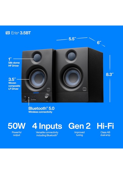 Eris 3.5bt (2. Nesil) | 3.5" Bluetooth Kablosuz Teknolojili Medya Referans Monitör, 50 Watt indirimleri