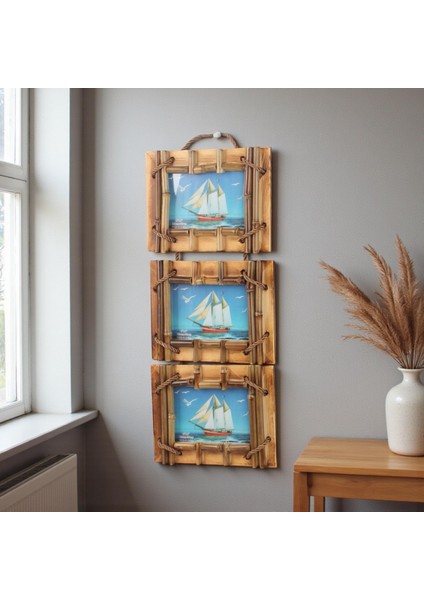 El Yapımı Doğal Ahşap 3’lü Bambu Bamboo Fotoğraf Çerçevesi Dekoratif Ev Ofis Hediyesi Duvar Süsü - 9