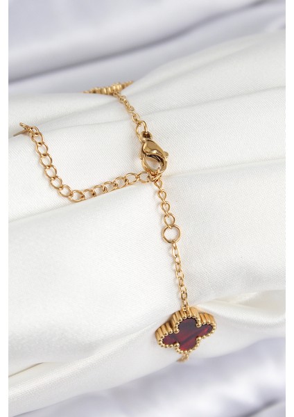 316L Çelik Sedefli Kırmızı Gold Renk Yonca Kadın Bileklik - TJ-BB7666 fiyatları