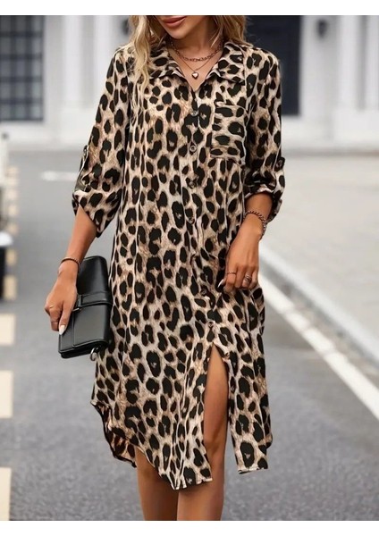 Kadın Uzun Kollu Yakalı Önden Düğmeli Leopar Desenli Modal Midi Elbise modelleri