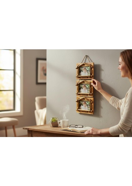 El Yapımı Doğal Ahşap 3’lü Bambu Bamboo Fotoğraf Çerçevesi Dekoratif Ev Ofis Hediyesi Duvar Süsü - 8 modelleri