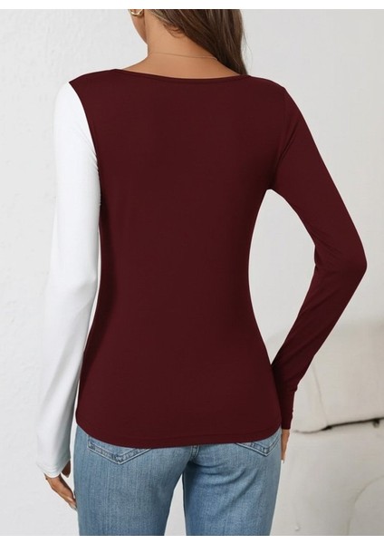 Kadın Uzun Kollu Geometrik Yaka Detaylı Çift Renkli Viskon Bluz fiyatları